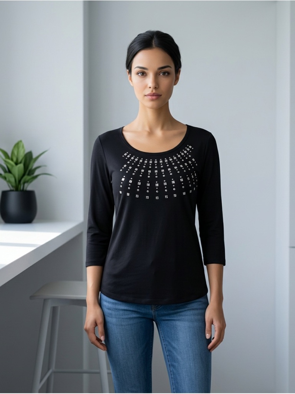 Saint Tropez West Petite Embellished Black 3/4 Sleeve Blouse Size PL